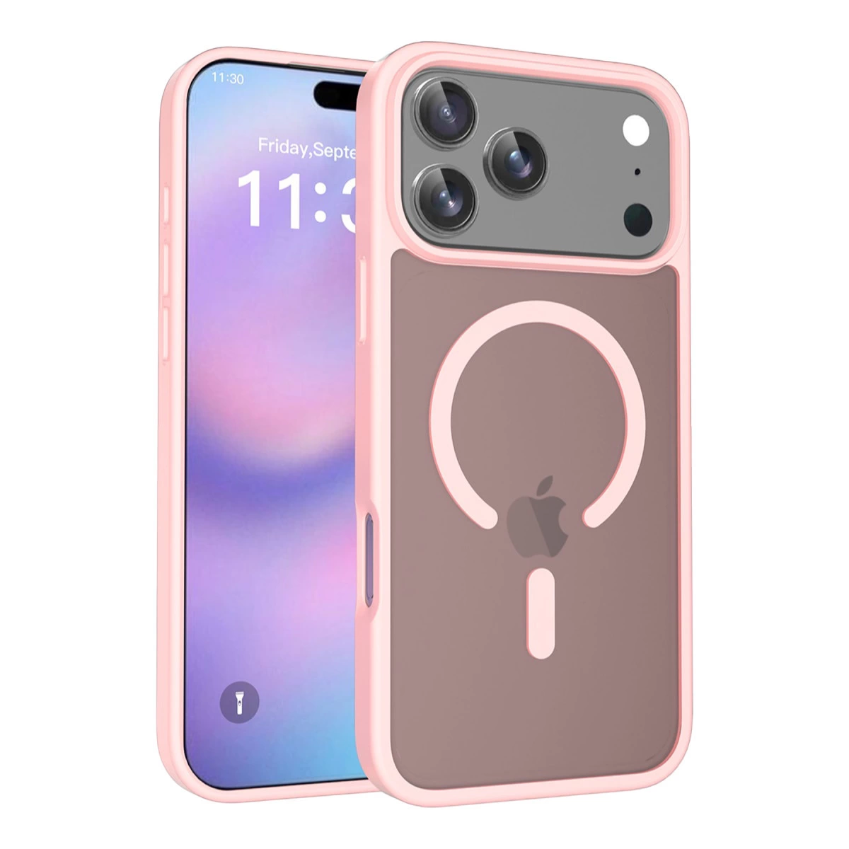 MagSafe halkalı şeffaf kılıflı pembe bir iPhone.