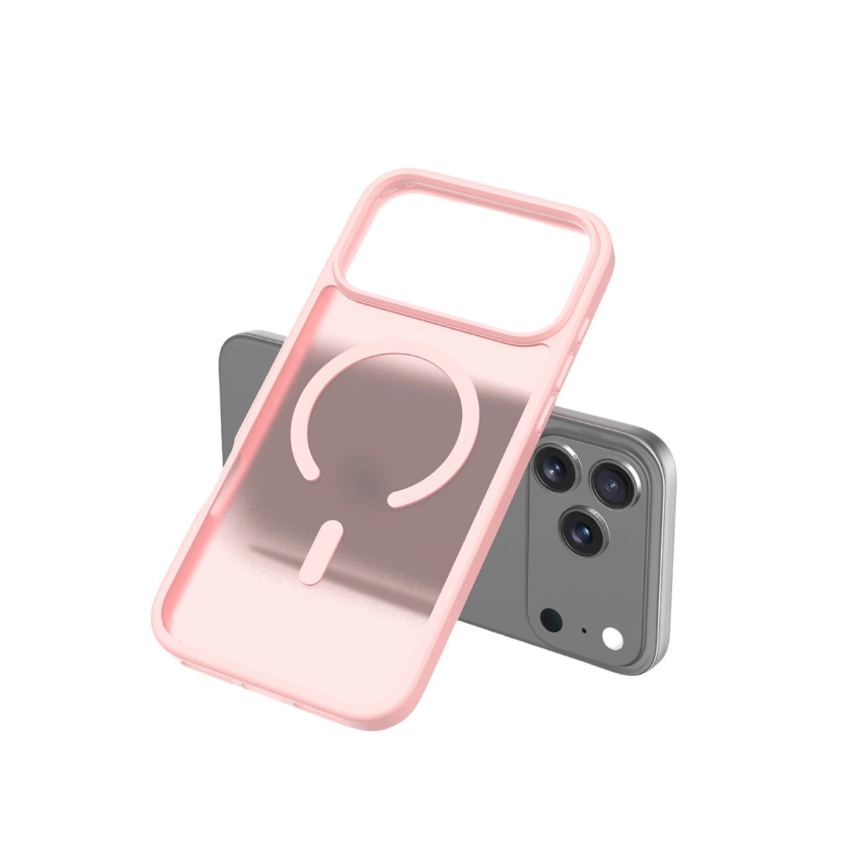 Üç kameralı gri bir iPhone'un önünde pembe bir iPhone kılıfı.