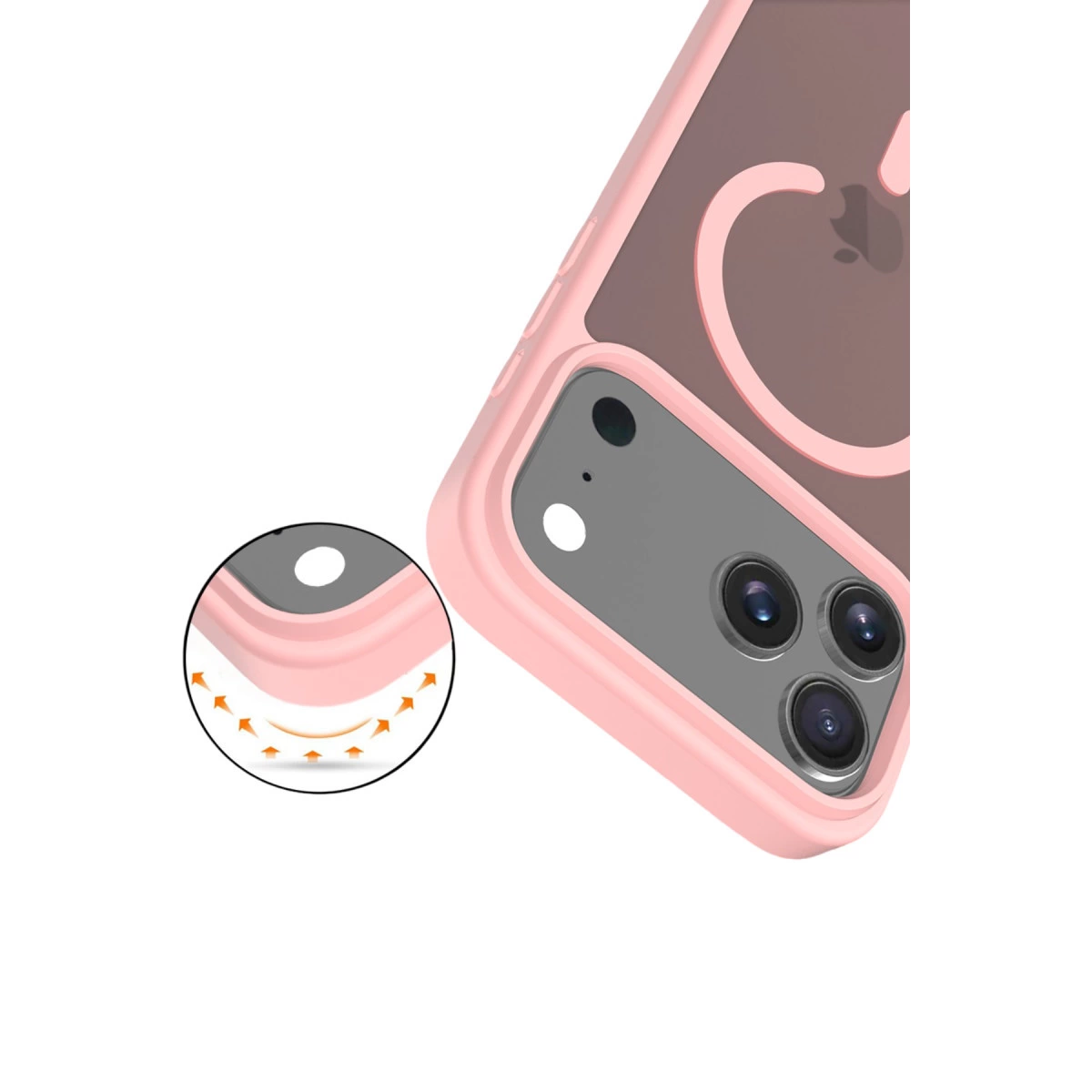 Üç kameralı ve Apple logolu pembe iPhone kılıfı.