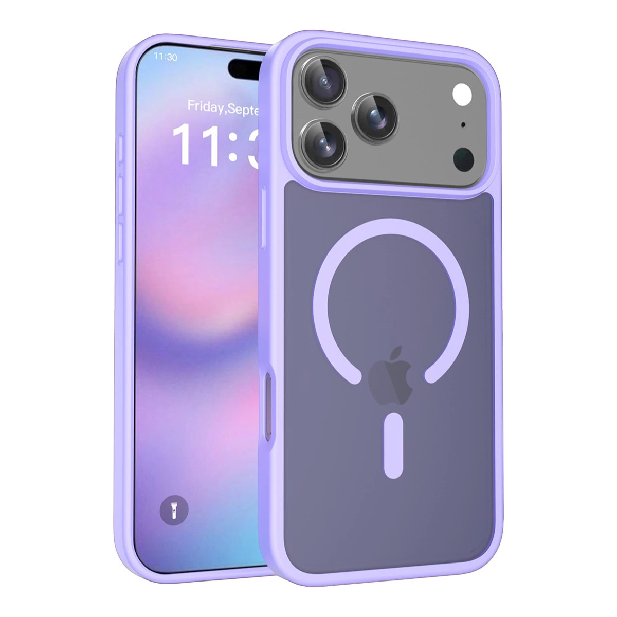 Apple logosunu ve kamera lenslerini gösteren şeffaf kılıflı mor iPhone.