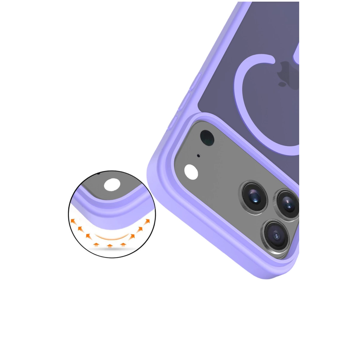 Kamera kesimli ve darbe korumalı mor iPhone kılıfı detaylı.
