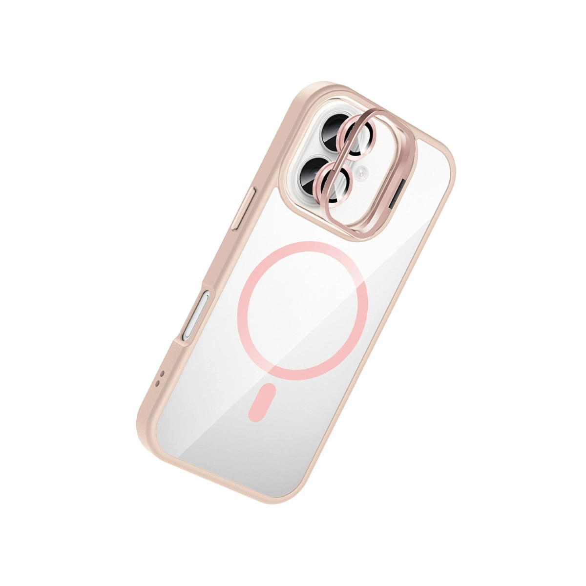 Rose altın kenarlı ve MagSafe halkalı şeffaf telefon kılıfı.