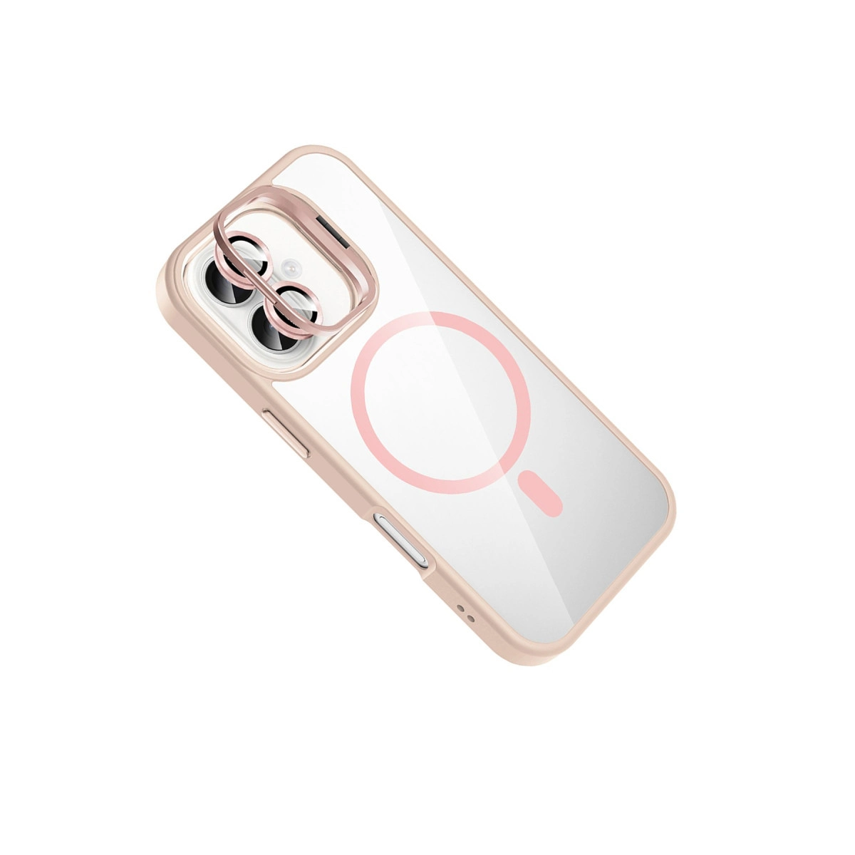 Pembe MagSafe halkalı ve lens korumalı şeffaf telefon kılıfı.