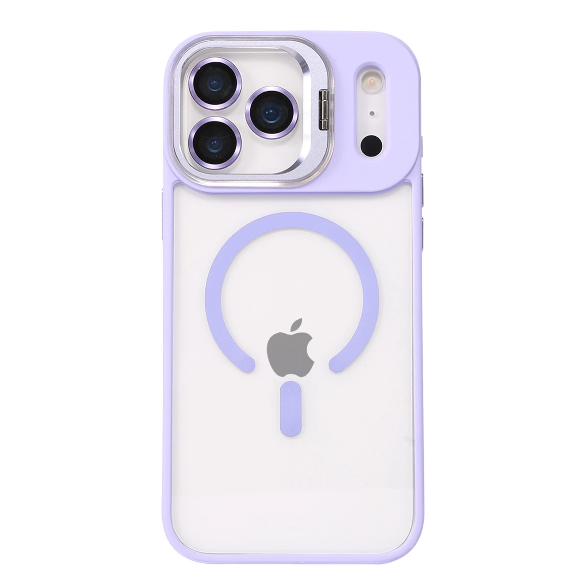Üçlü kamera ve Apple logosuna sahip mor iPhone kılıfı.