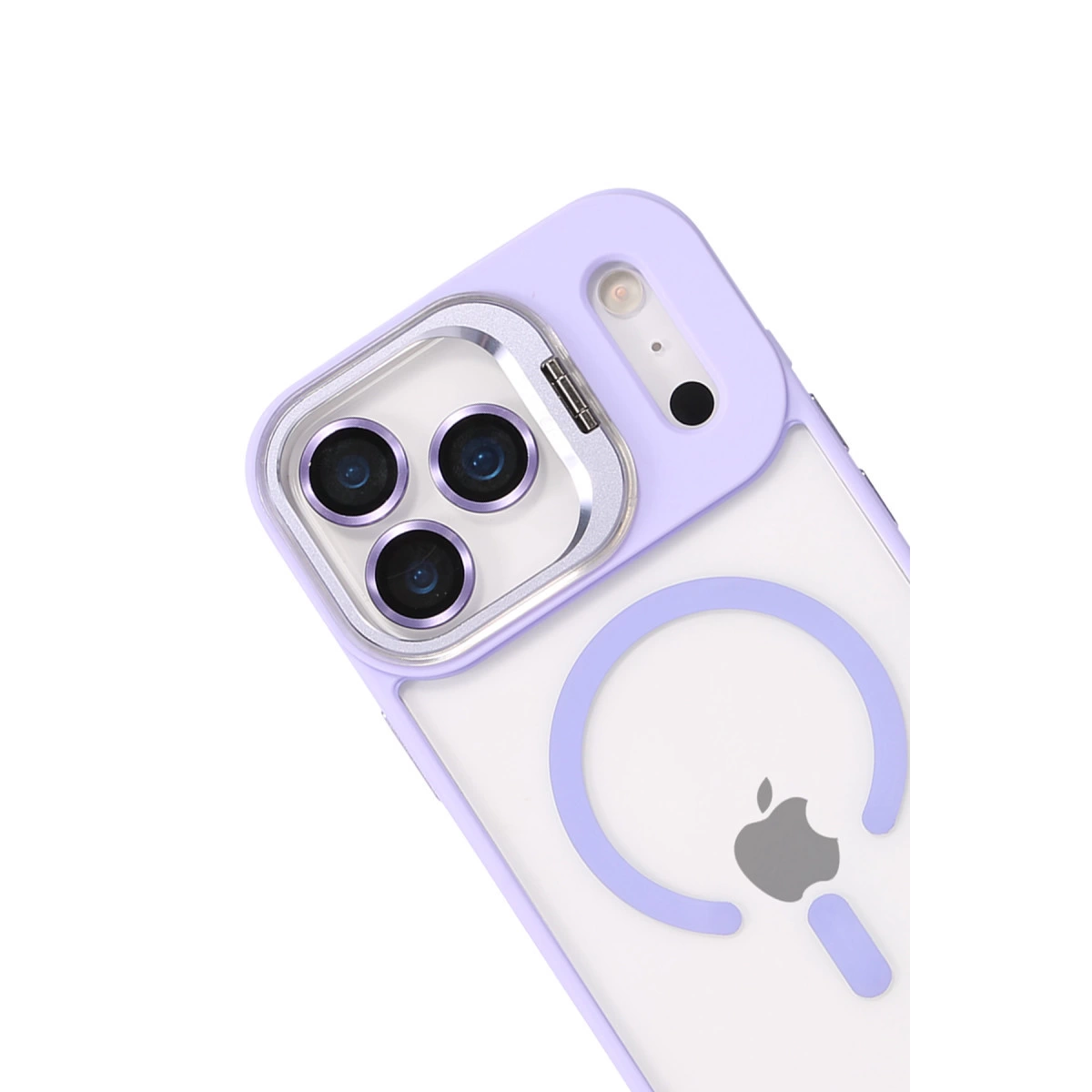 Üç kameralı mor telefon kılıfı, beyaz zeminde Apple logosu.