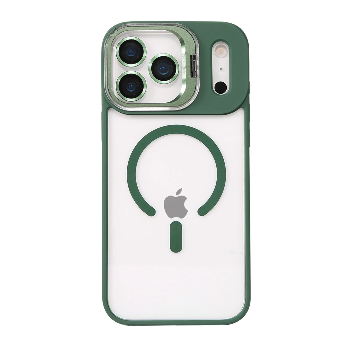 Yeşil iPhone kılıfı, şeffaf arka yüzü ve manyetik halkasıyla. Üç kamera görünür.