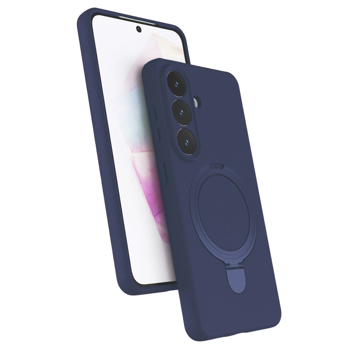Üçlü kamera ve halka tutuculu lacivert telefon, beyaz zeminde.