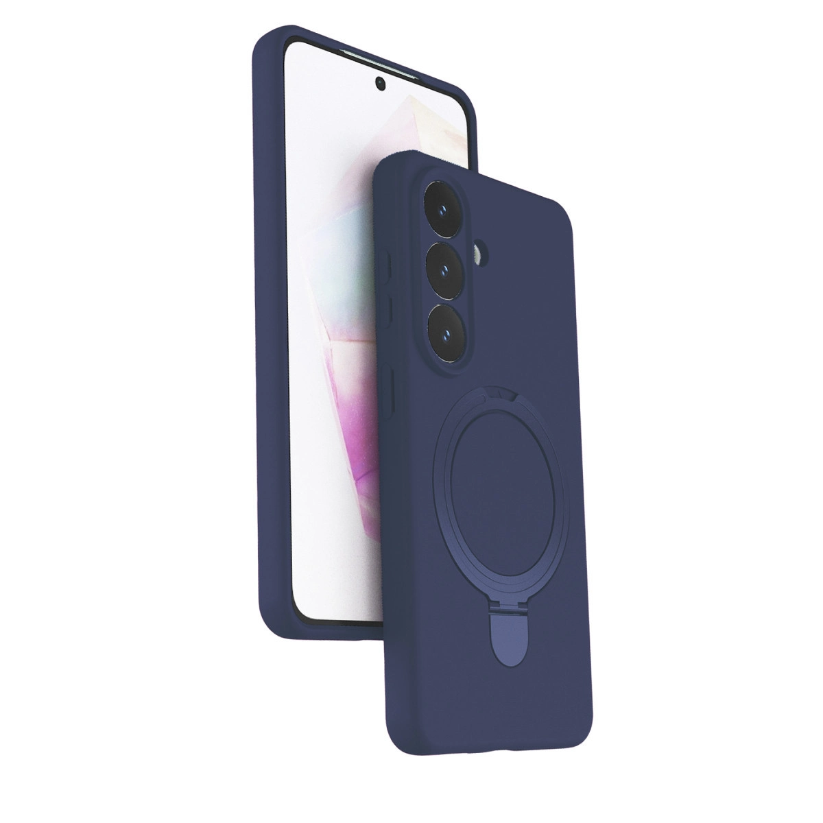 Koyu mavi telefon halka tutucu ve kamera modülü ile, beyaz arka planda.
