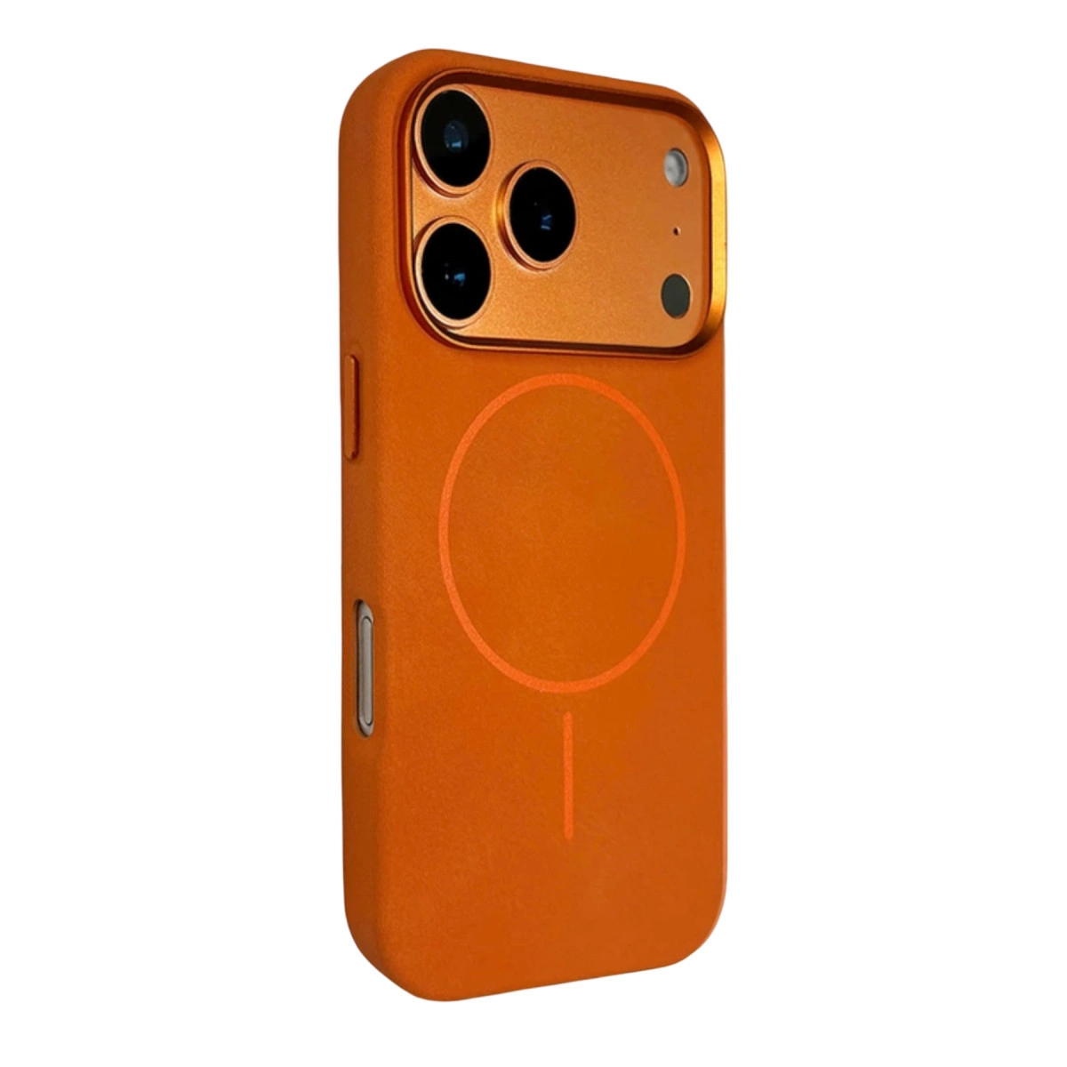 Üç kamera lensi ve dairesel deseni olan turuncu telefon kılıfı.