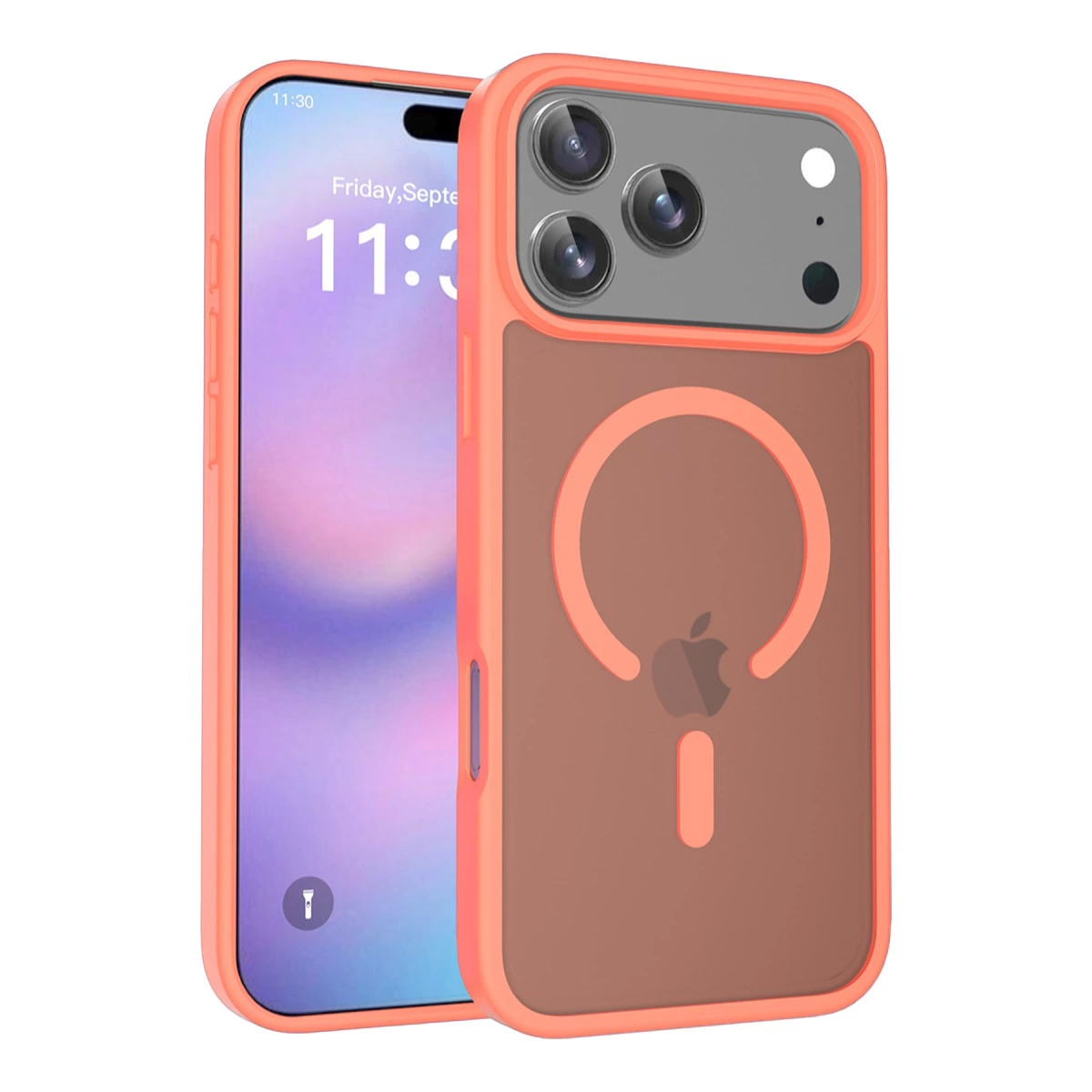 Mıknatıslı halka ve Apple logosunu gösteren şeffaf kılıflı turuncu bir iPhone.