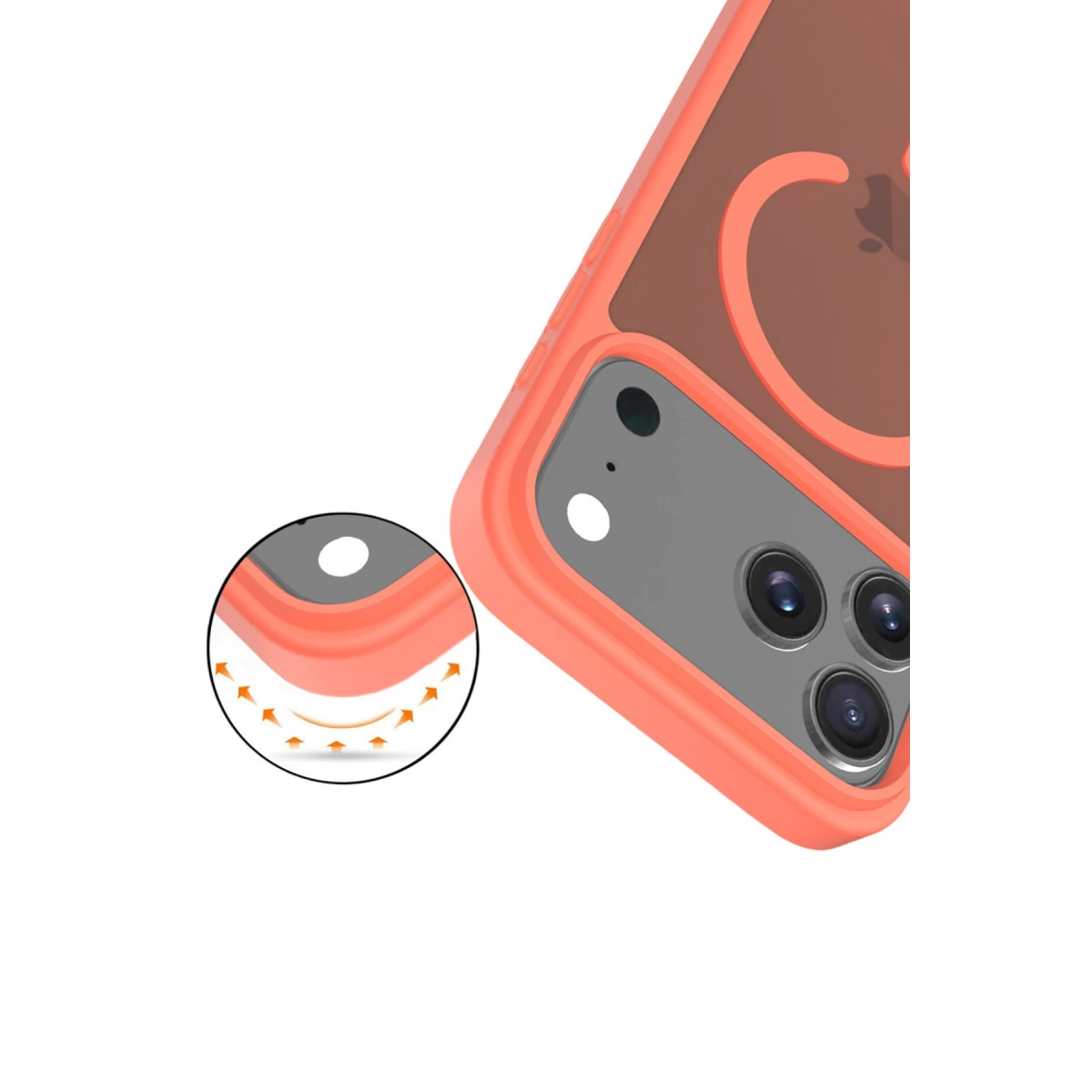 Kamera detaylı ve darbe korumalı mercan iPhone kılıfı.