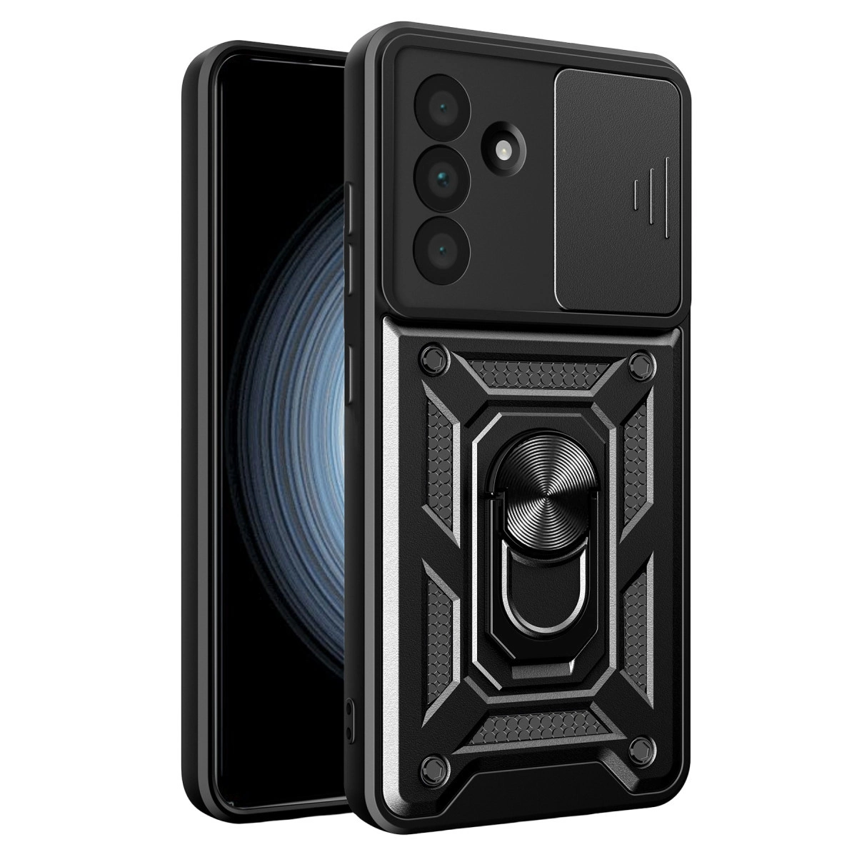 Üçlü kamerası, kaydırıcılı kapağı ve halka tutucusu olan siyah telefon kılıfı.