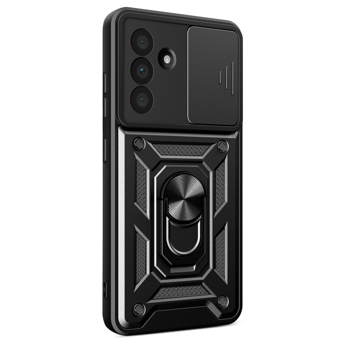 Kamera kapaklı ve halka tutuculu siyah telefon kılıfı.