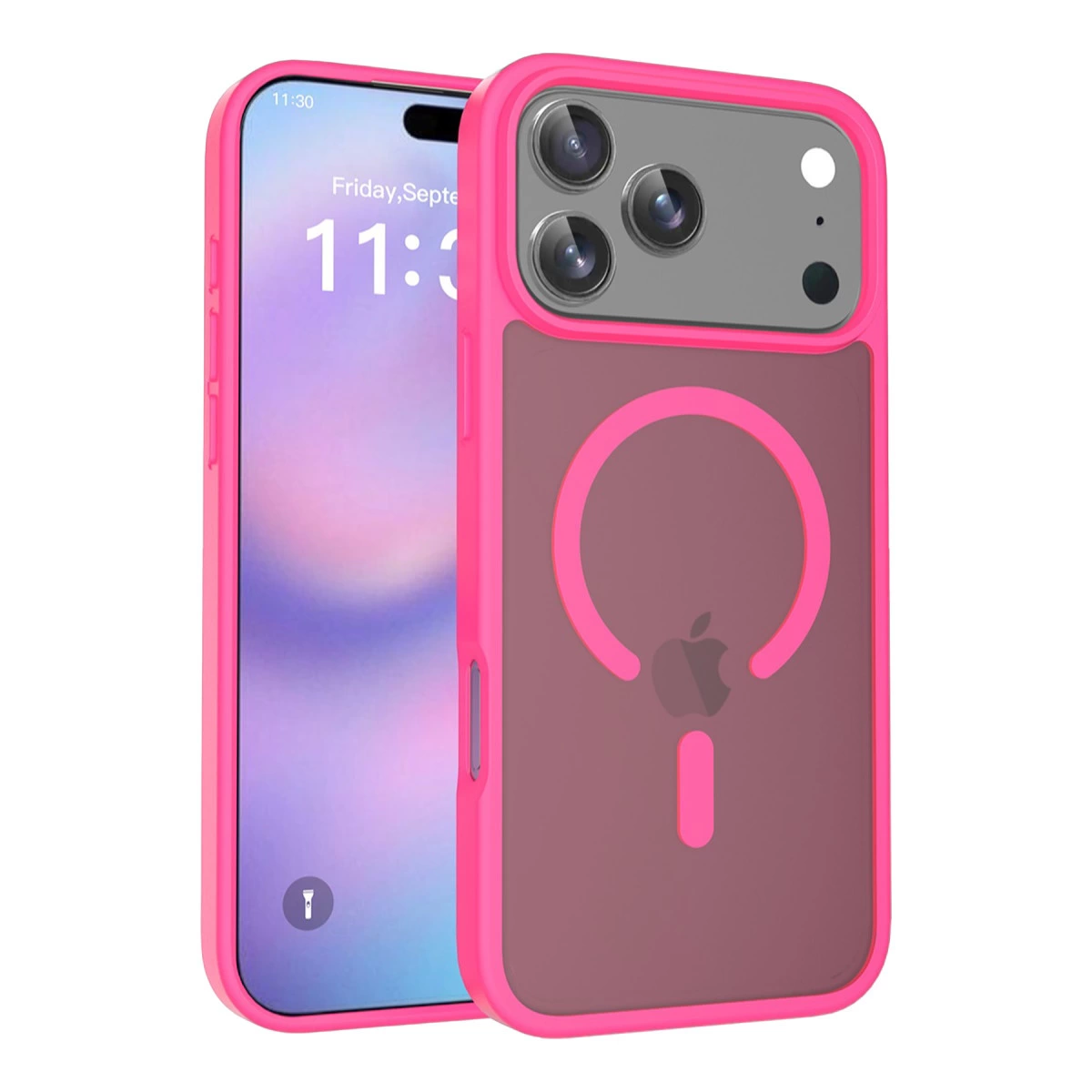 Şeffaf arka ve beyaz Apple logosuna sahip pembe iPhone kılıfı.