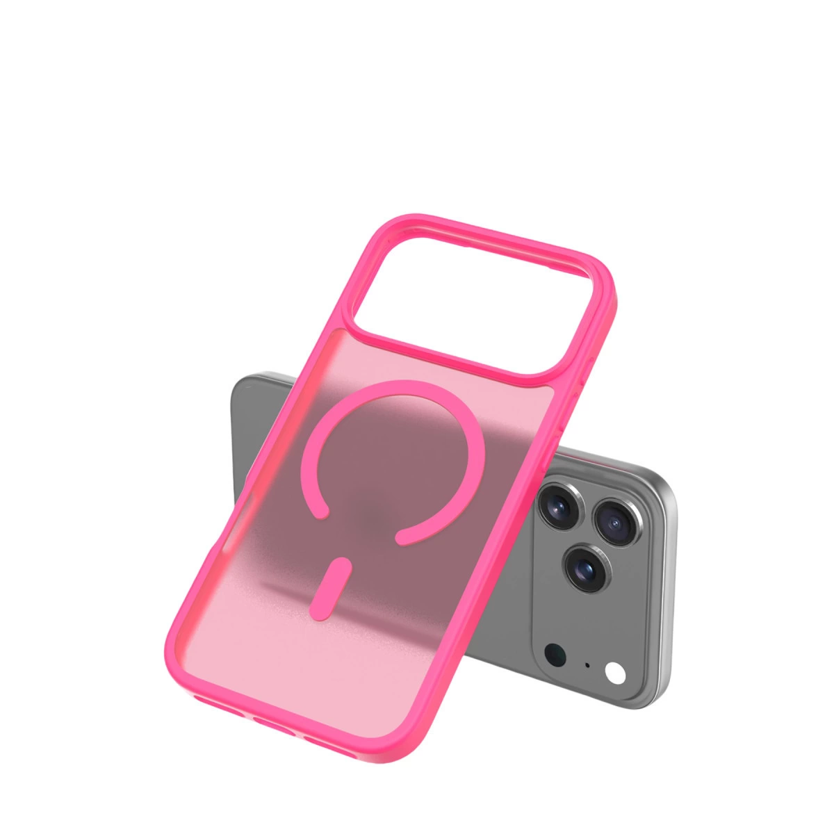 Pembe şeffaf bir telefon kılıfı gümüş bir telefonun üzerinde duruyor.