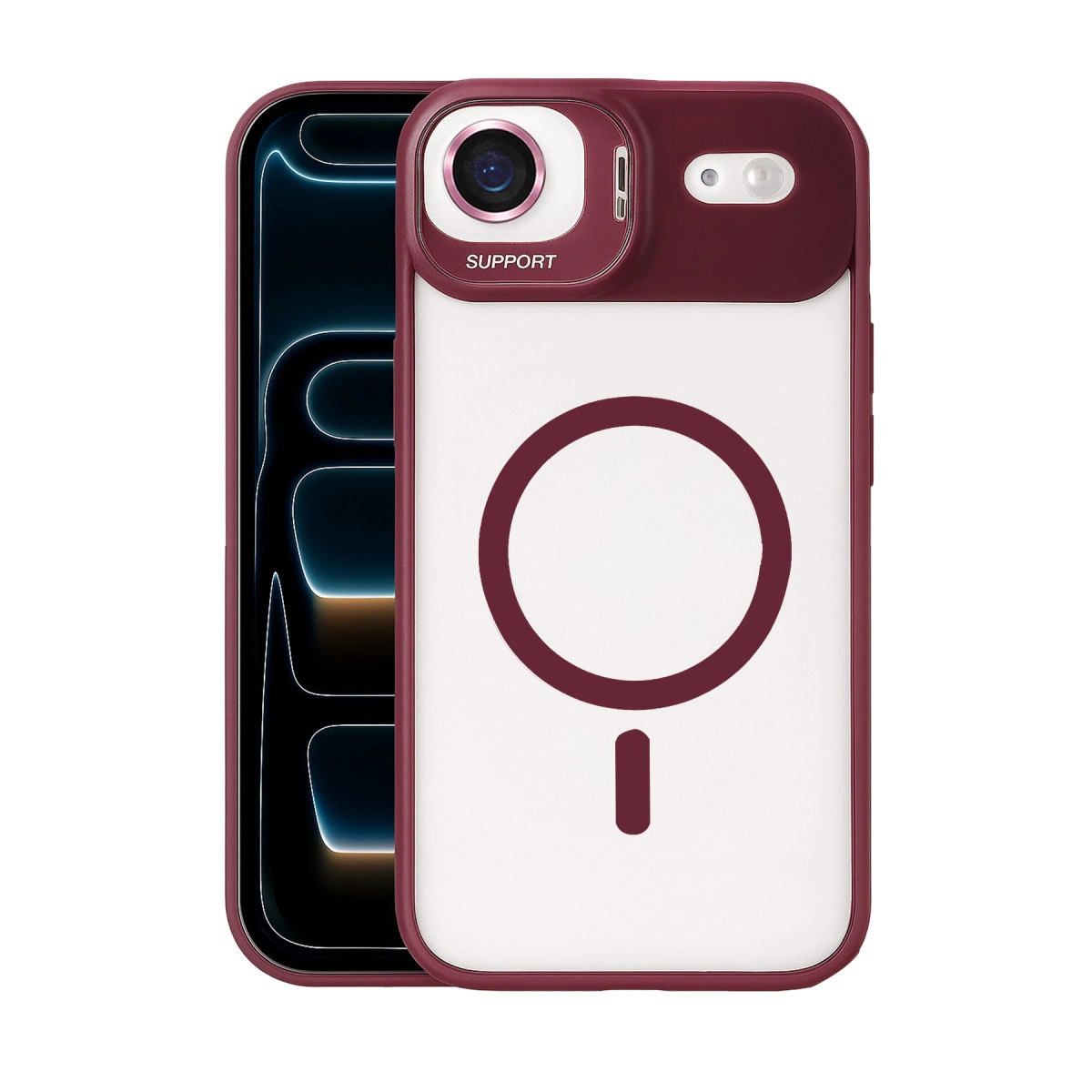 Bordo renkli telefon kılıfı, beyaz ek ve daire/çizgi desenli.