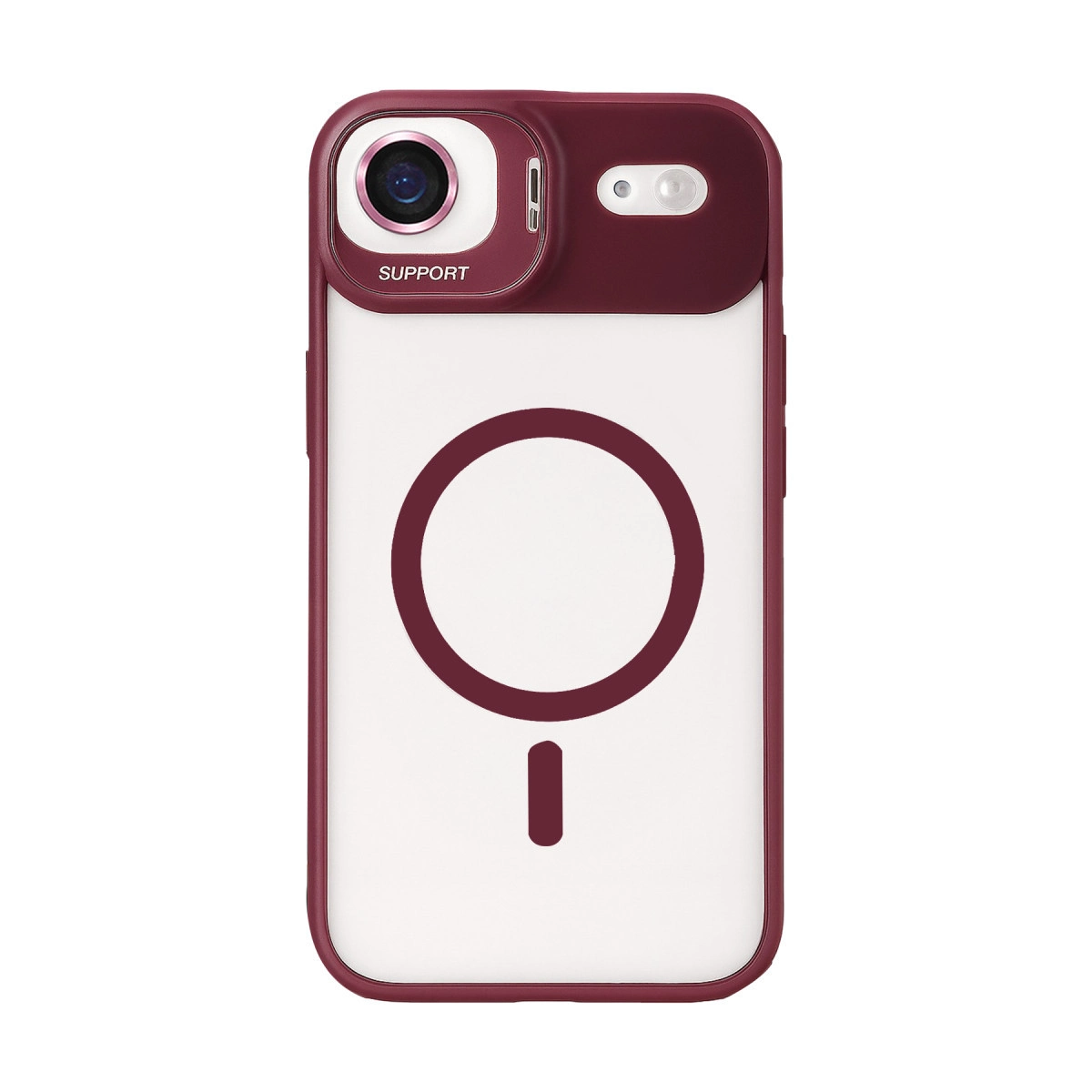 Dairesel desenli ve kamera lensli bordo telefon kılıfı.