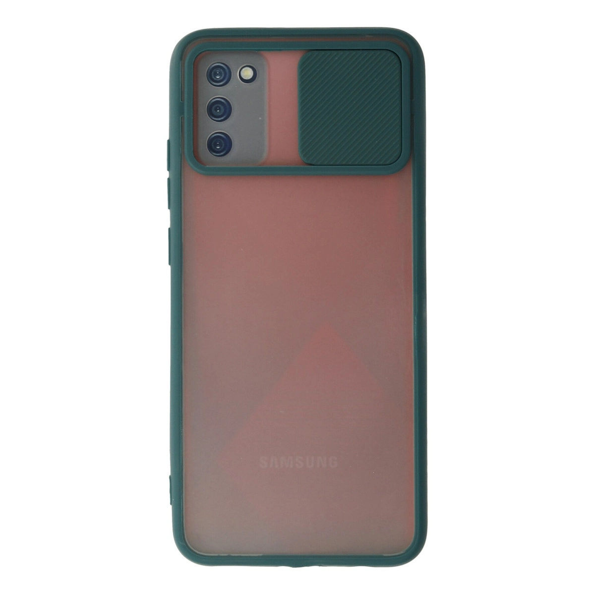 Samsung logolu, yeşil kamera kapaklı kırmızı telefon kılıfı.