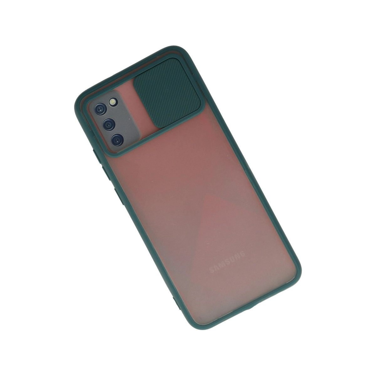 Yarı saydam kırmızı arkalı ve kamera lensli koyu yeşil telefon kılıfı.
