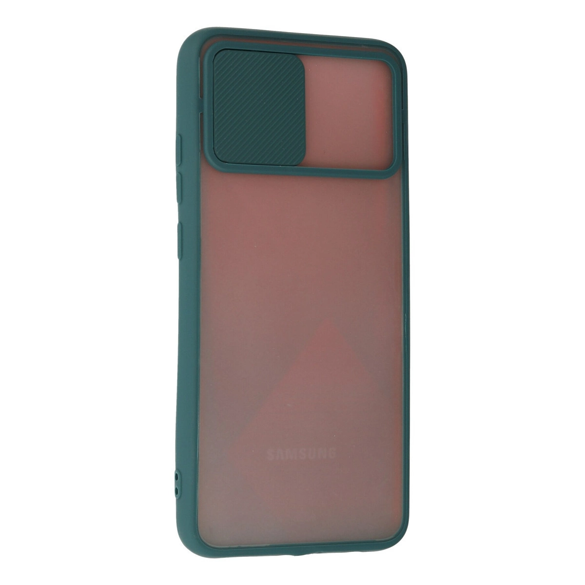 Koyu yeşil telefon kılıfı, yarı saydam kırmızı arka ve kamera kapağı.