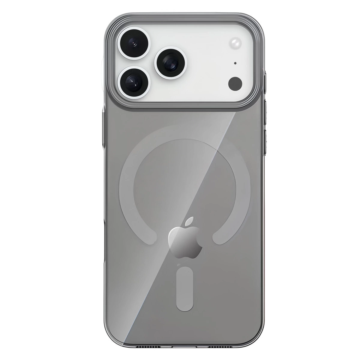 Üç kameralı ve Apple logolu akıllı telefon için şeffaf kılıf.
