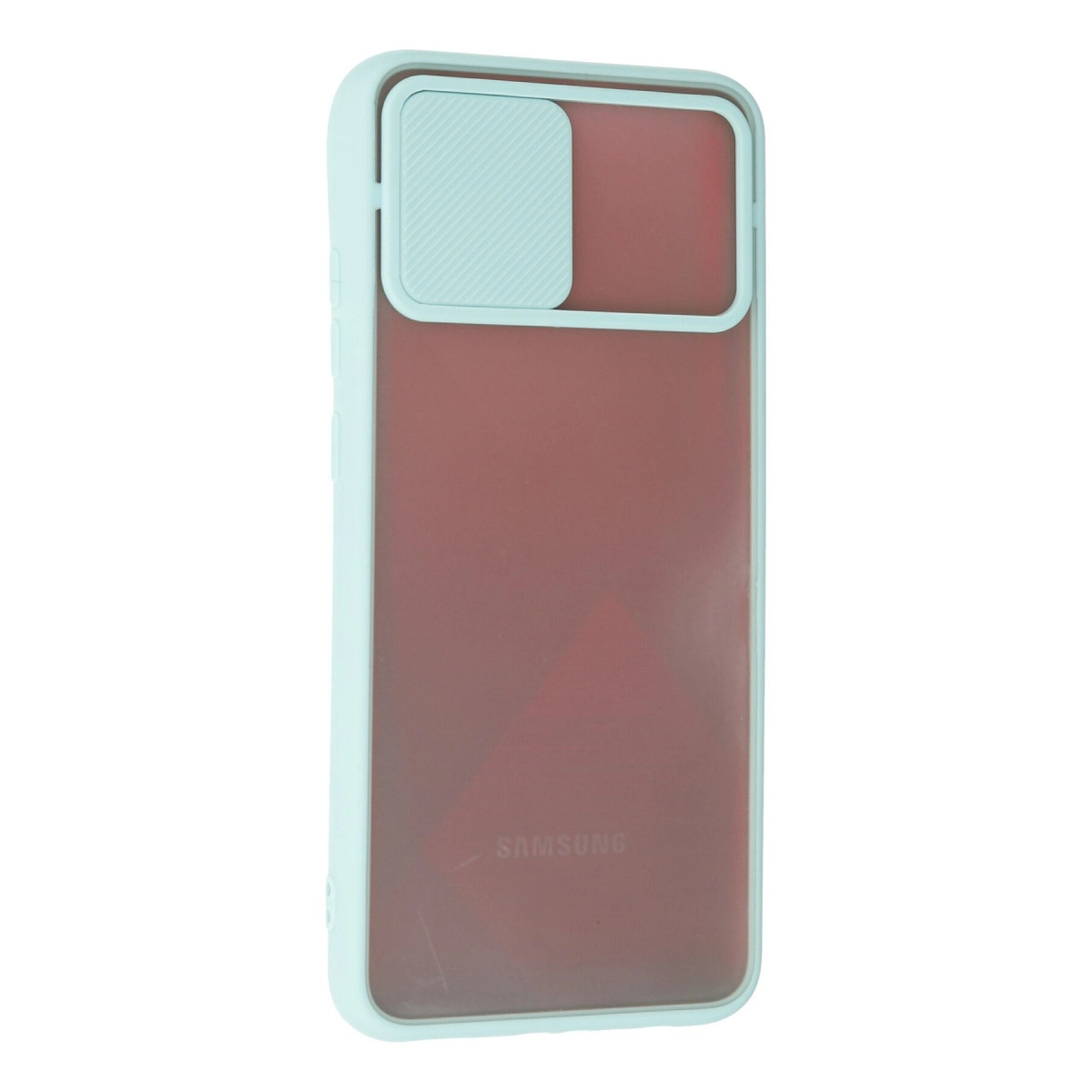 Kırmızı yarı saydam arkalı ve kaydırılabilir kamera kapaklı açık mavi telefon kılıfı.