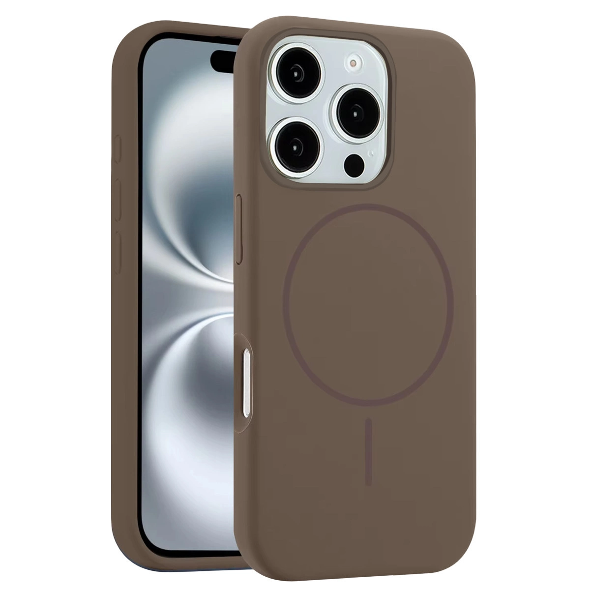 Kamera kesimli ve manyetik şarj halkalı kahverengi iPhone kılıfı.