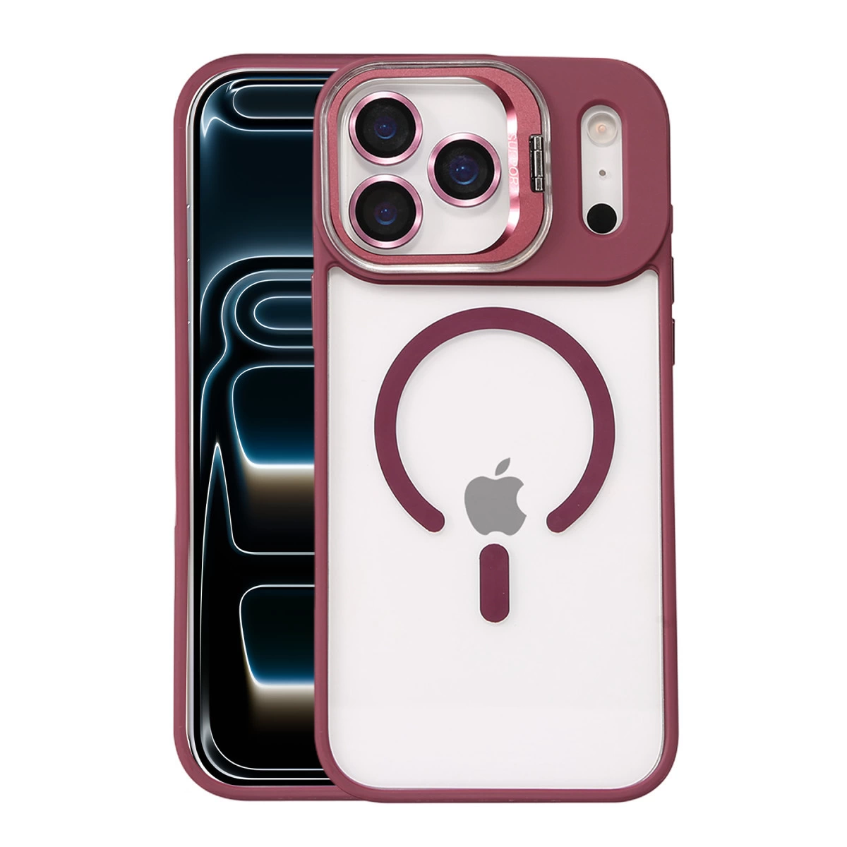 NEWFACE iPhone 17 Pro Max Uyumlu Remim Lensli Magsafe Standlı Kapak Telefon Kılıfı Bordo