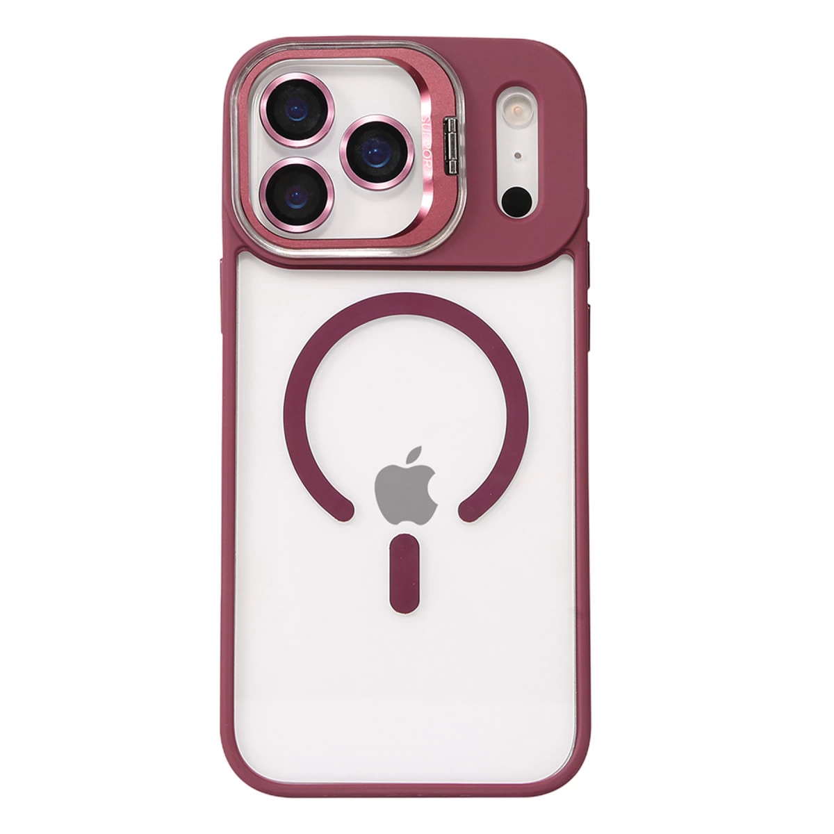 iPhone için bordo renkli manyetik halkalı ve Apple logolu kılıf.