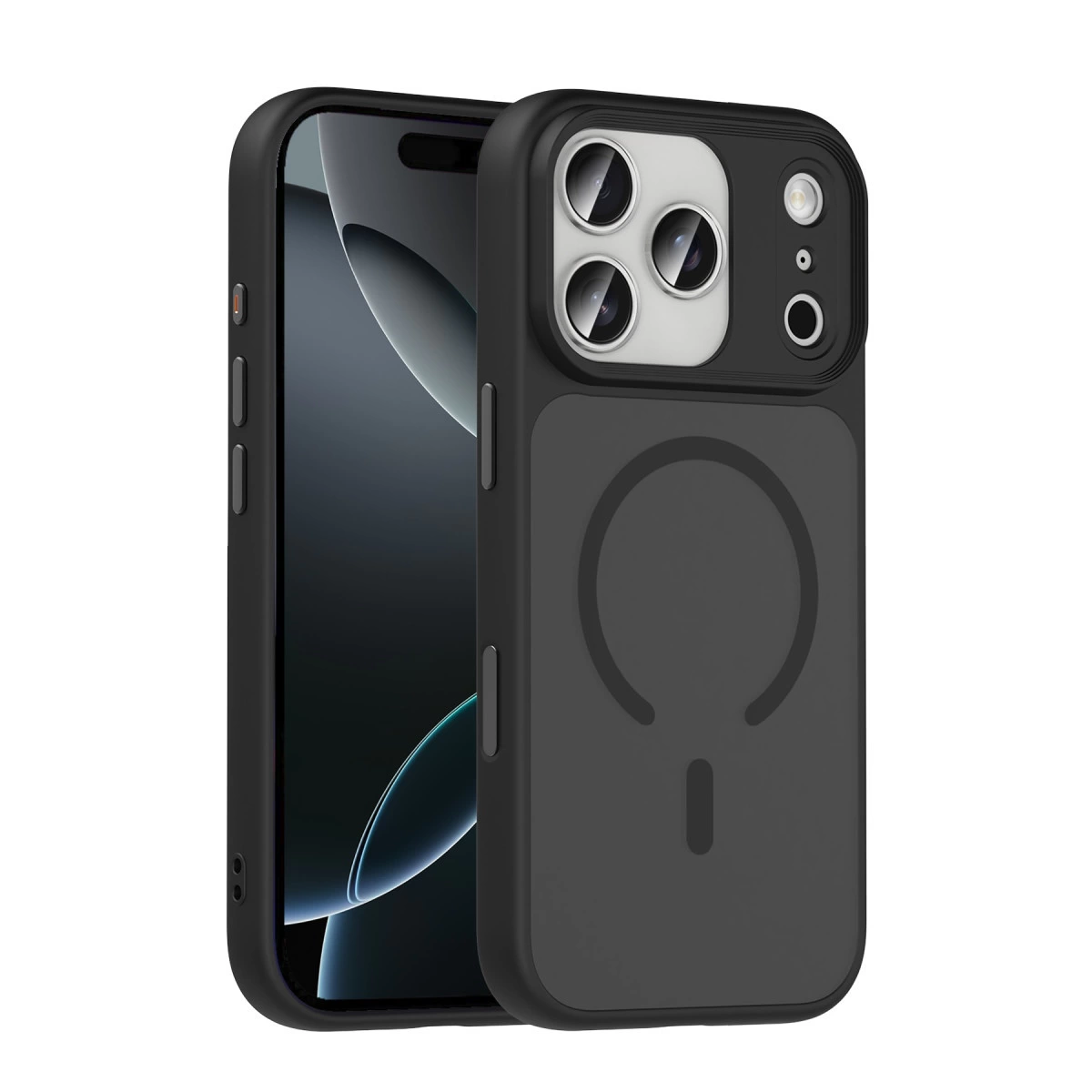 Mıknatıslı halkalı ve üç kamera lensli siyah telefon kılıfı.