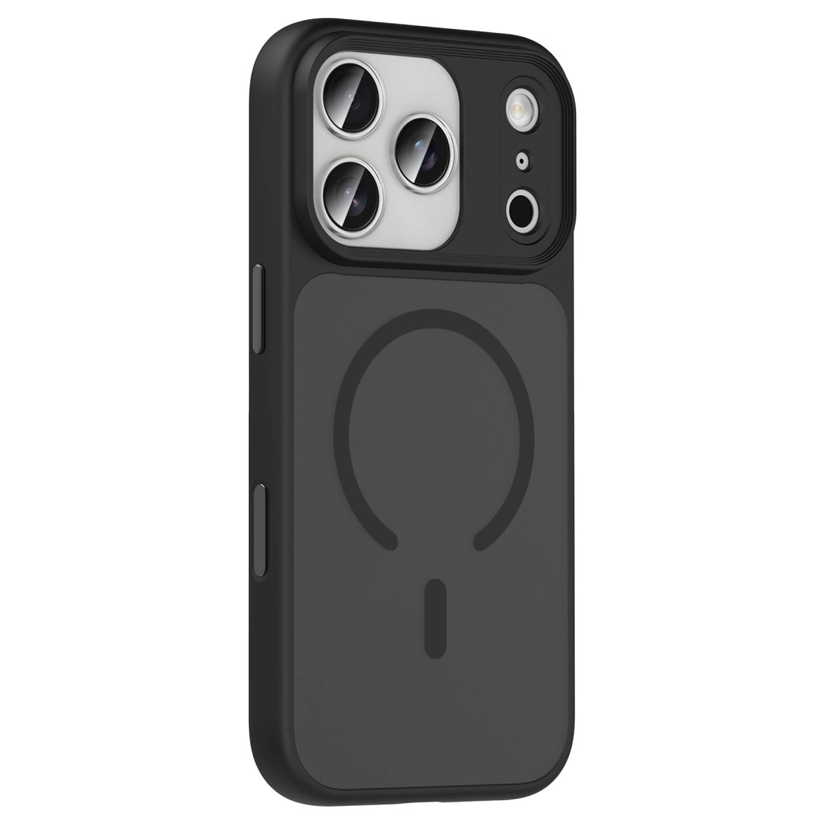 Üç kamera lensli ve manyetik halkalı siyah telefon kılıfı.