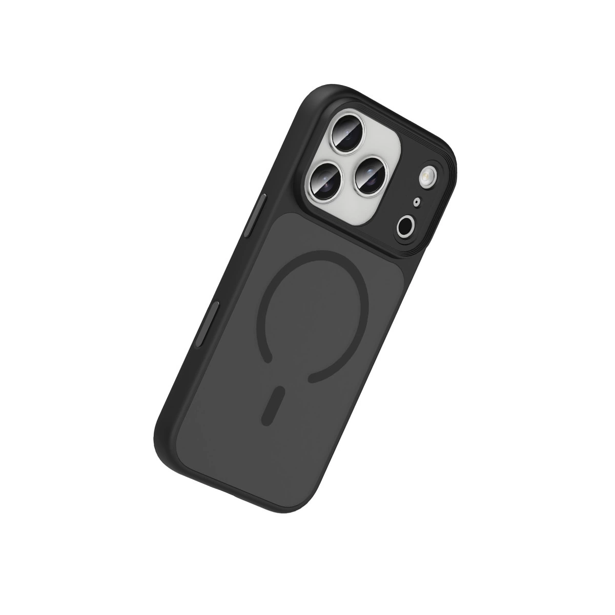 Dairesel manyetik halka tasarımlı ve üçlü kamera kesimli siyah iPhone kılıfı.