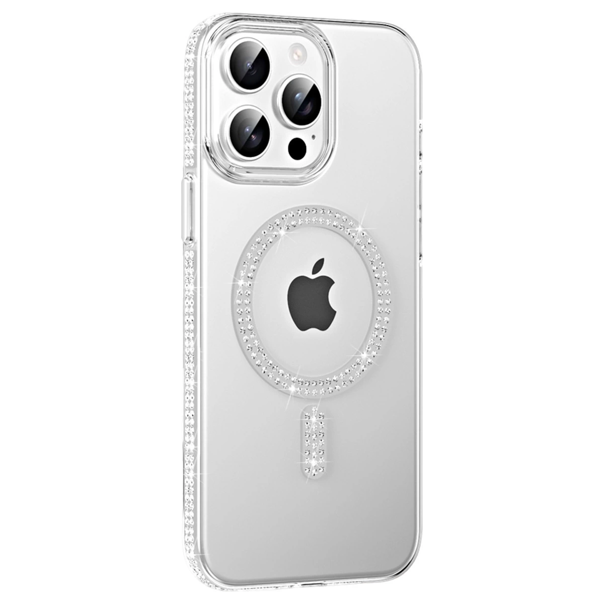 Kamera ve Apple logosu çevresinde taşlarla süslenmiş şeffaf iPhone kılıfı.