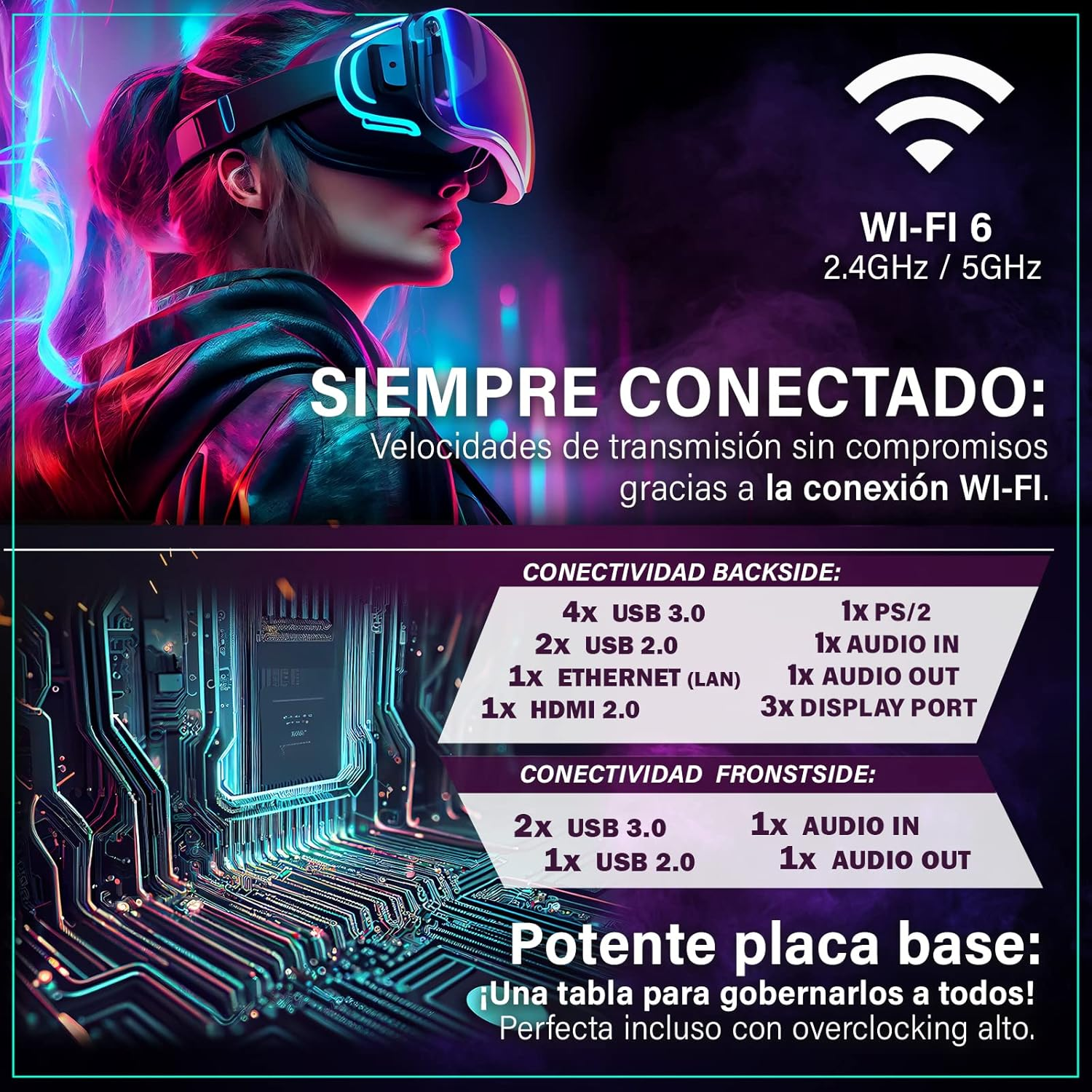 Mujer con visor VR, info Wi-Fi 6, puertos de placa base y texto.