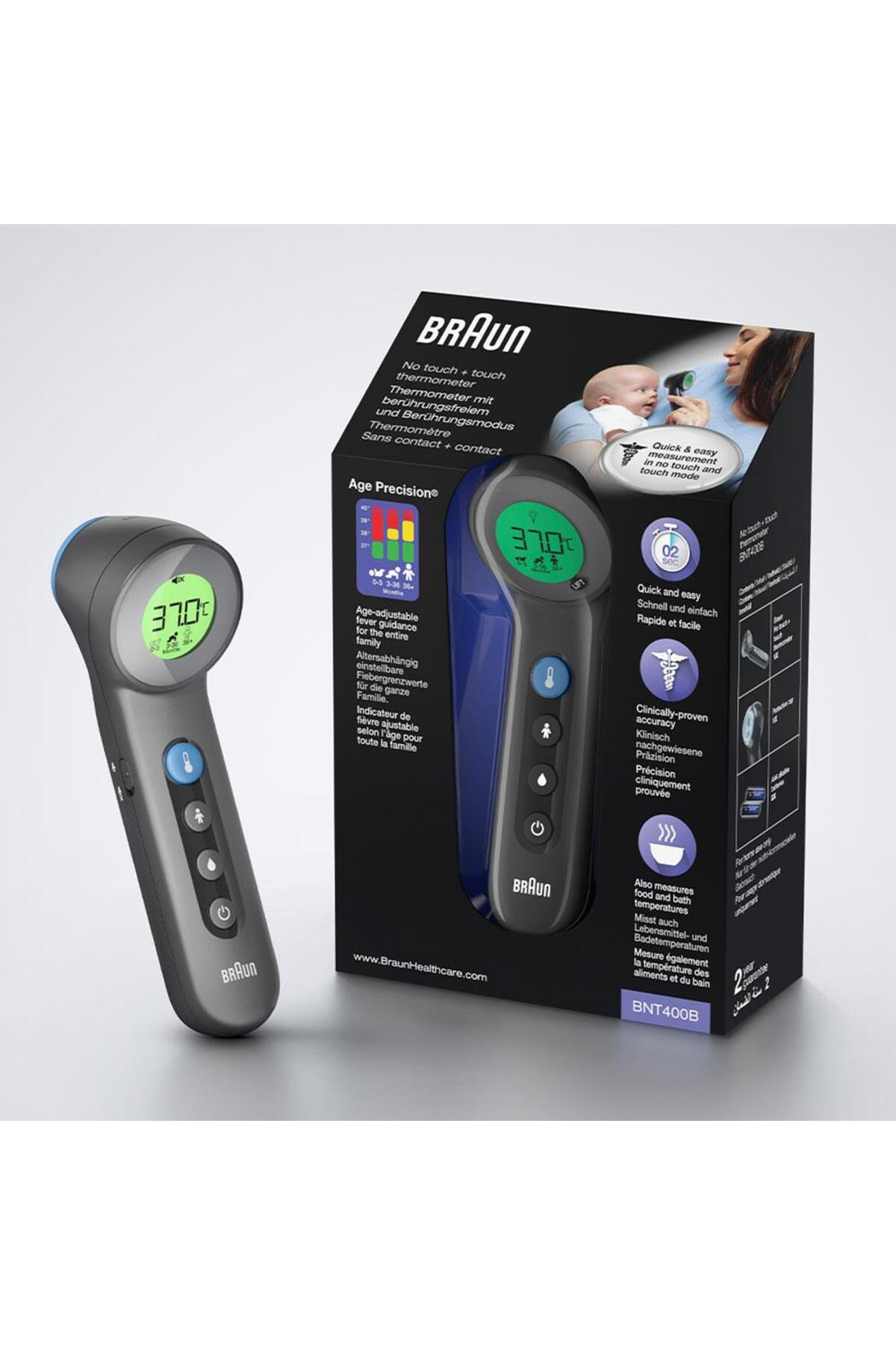Braun No Touch Thermometer: Grau mit grünem Display. Packung zeigt Baby & Mutter.