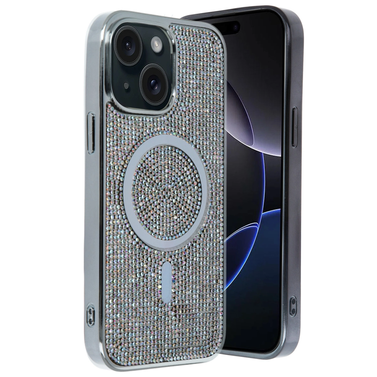 Kamera modülü ve manyetik halkalı ışıltılı iPhone kılıfı.