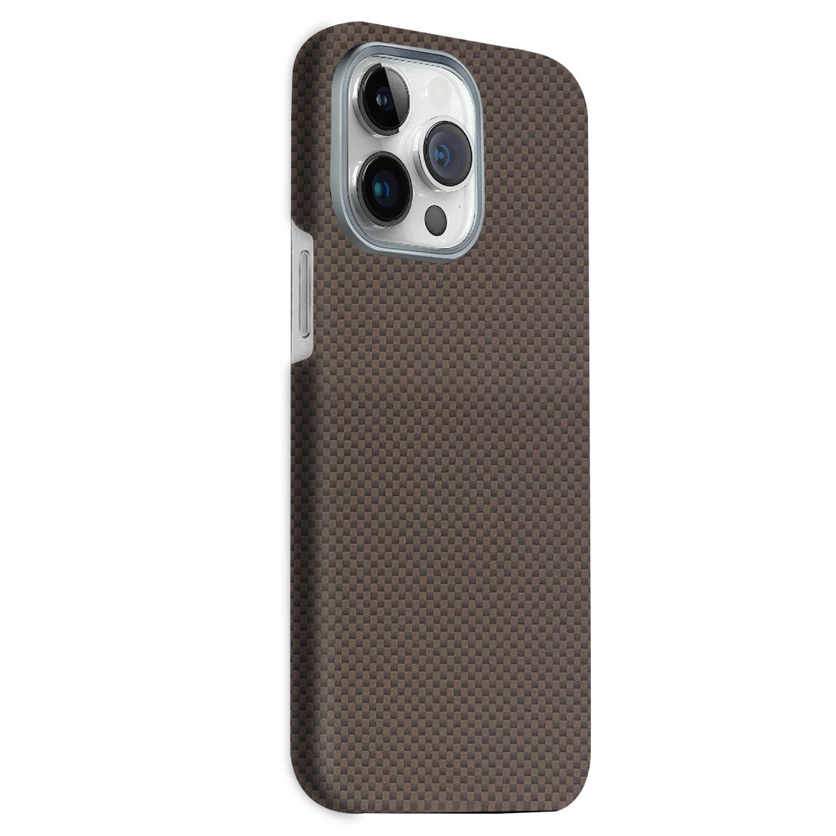 Kamera modüllü kahverengi kareli telefon kılıfı.