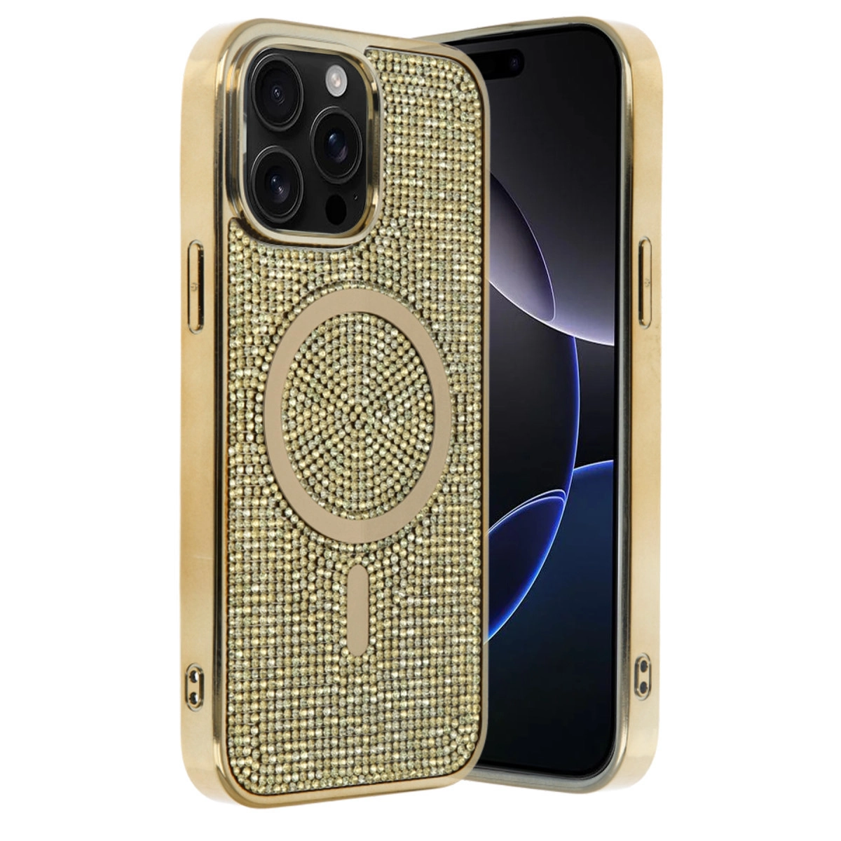 Aksesuarla kaplı parlak altın rengi iPhone.