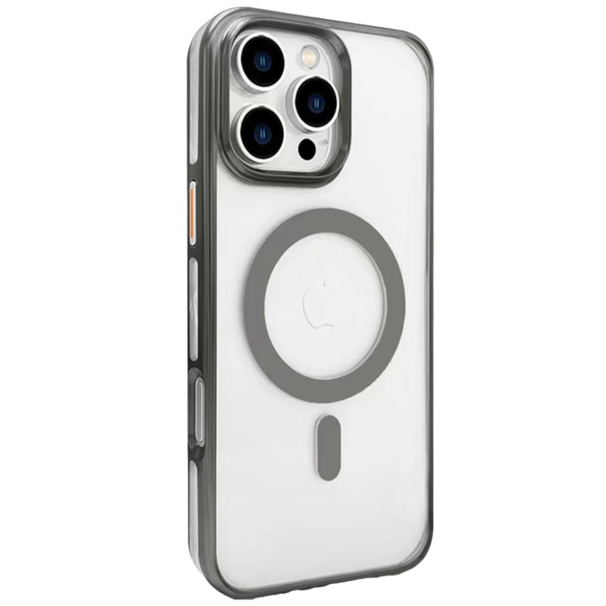 Koyu kenarlı ve kamera modüllü şeffaf telefon kılıfı.
