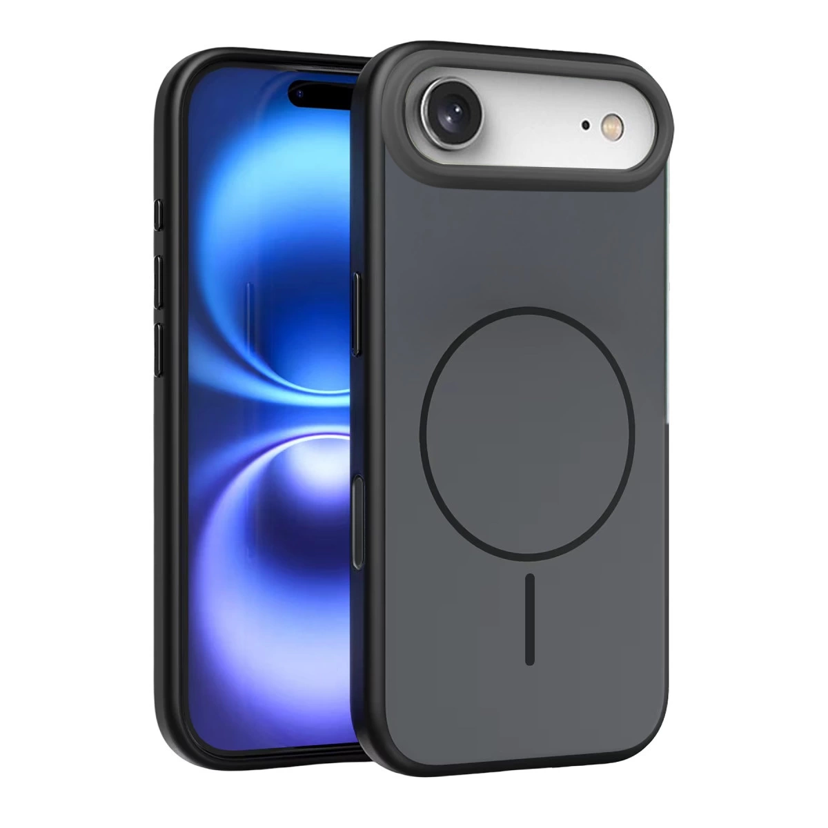 Kamera kesimli koyu gri telefon kılıfı, mavi duvar kağıtlı akıllı telefonda.