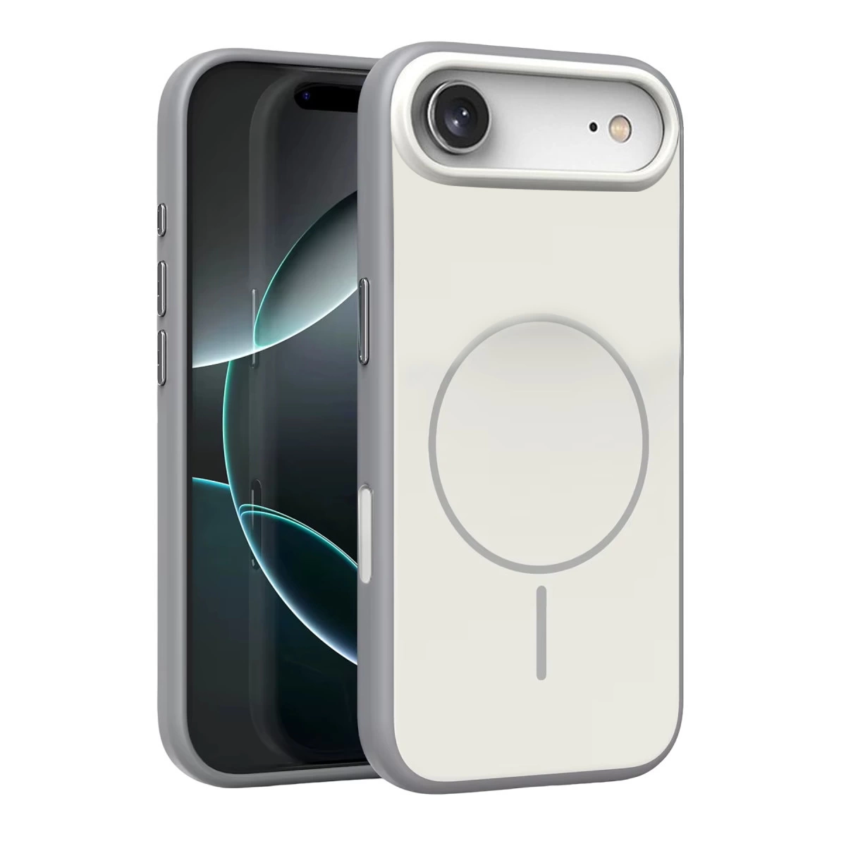 Gri kenarlı beyaz telefon kılıfı bir akıllı telefonun üzerinde duruyor.
