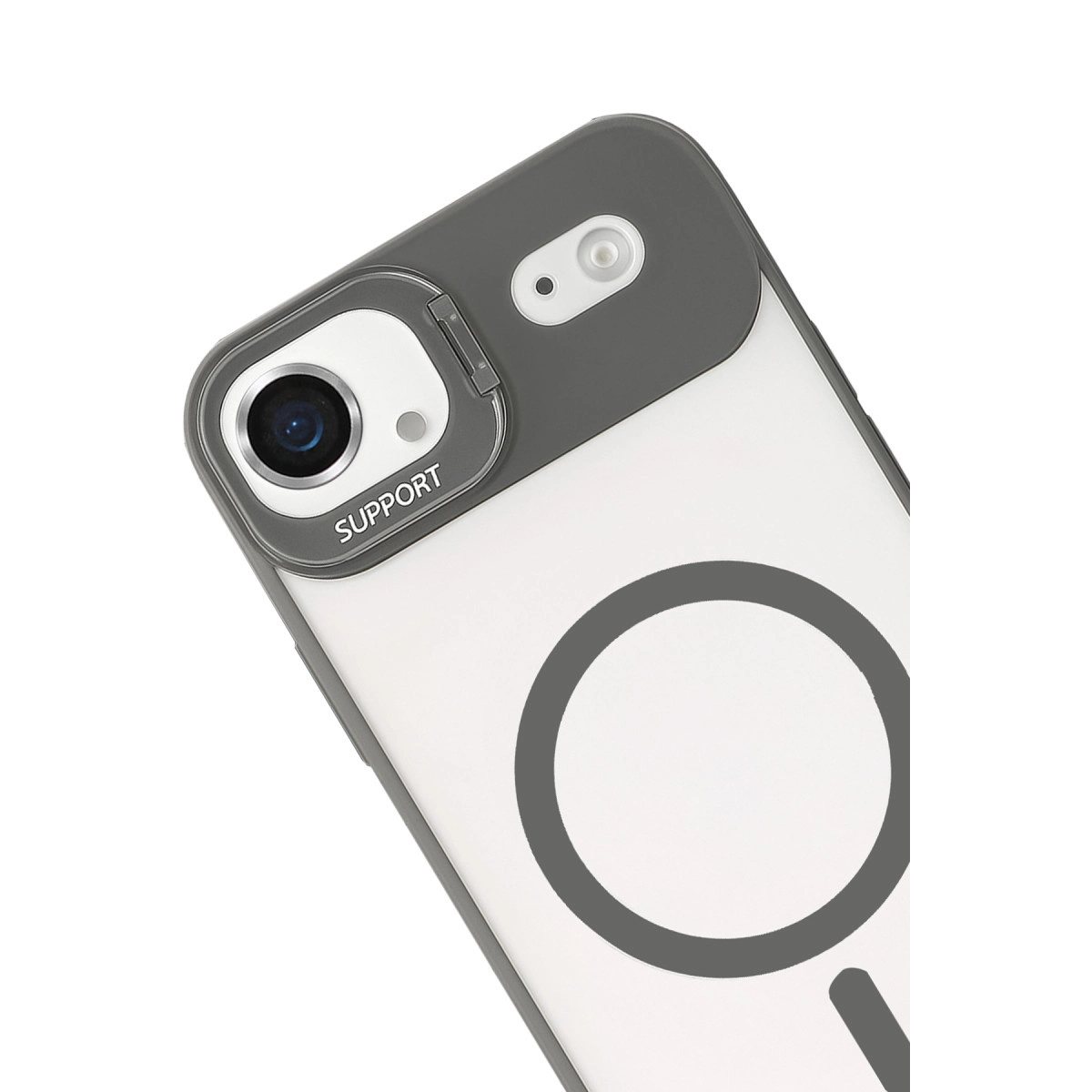 Kamera, flaş ve daire desenli iPhone kılıfı.