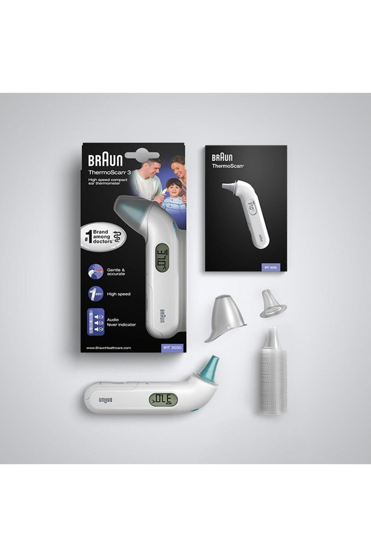 Braun Thermoscan 3 termometre seti aksesuarlarla beyaz zeminde.