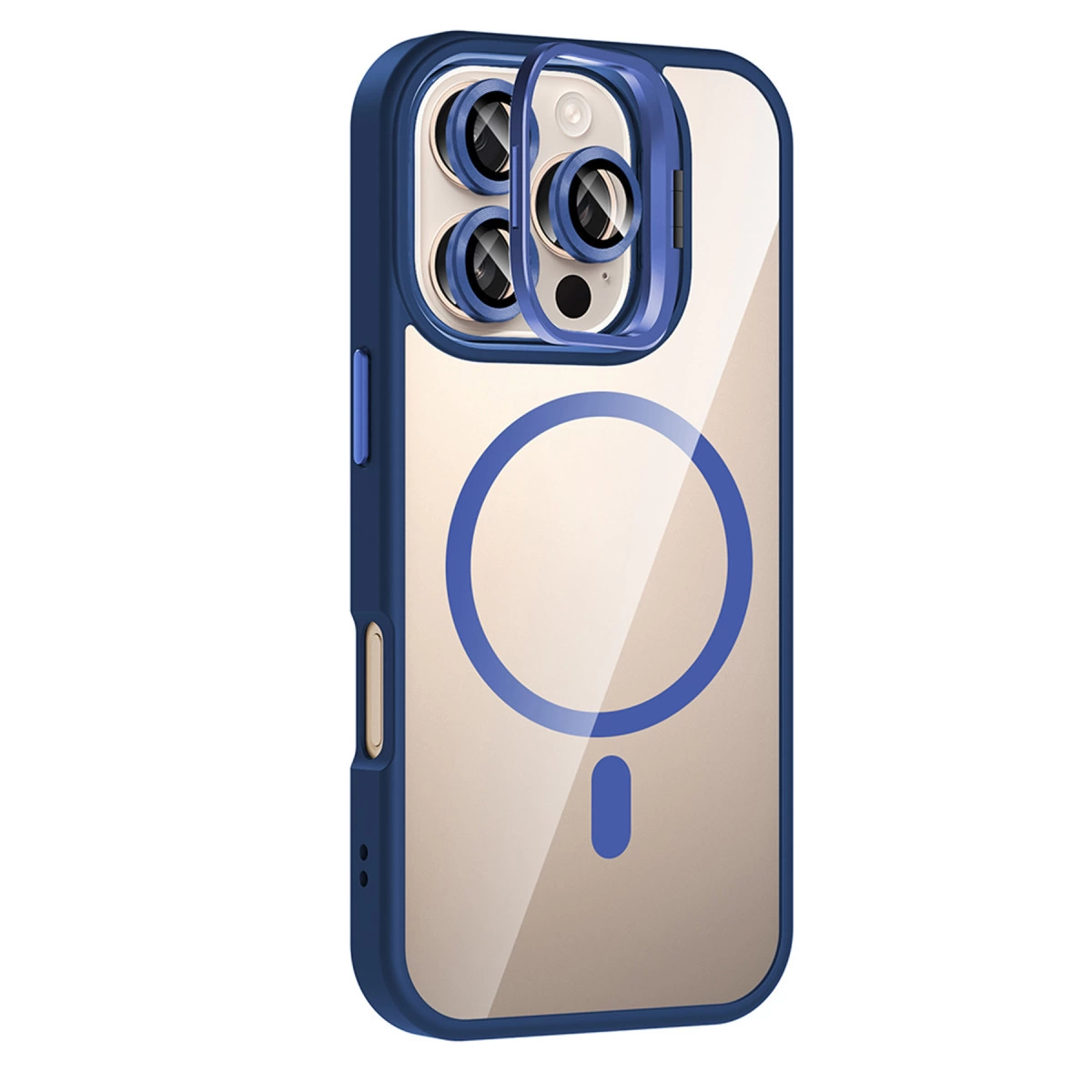 Şeffaf arka ve kamera çerçeveli mavi iPhone kılıfı.