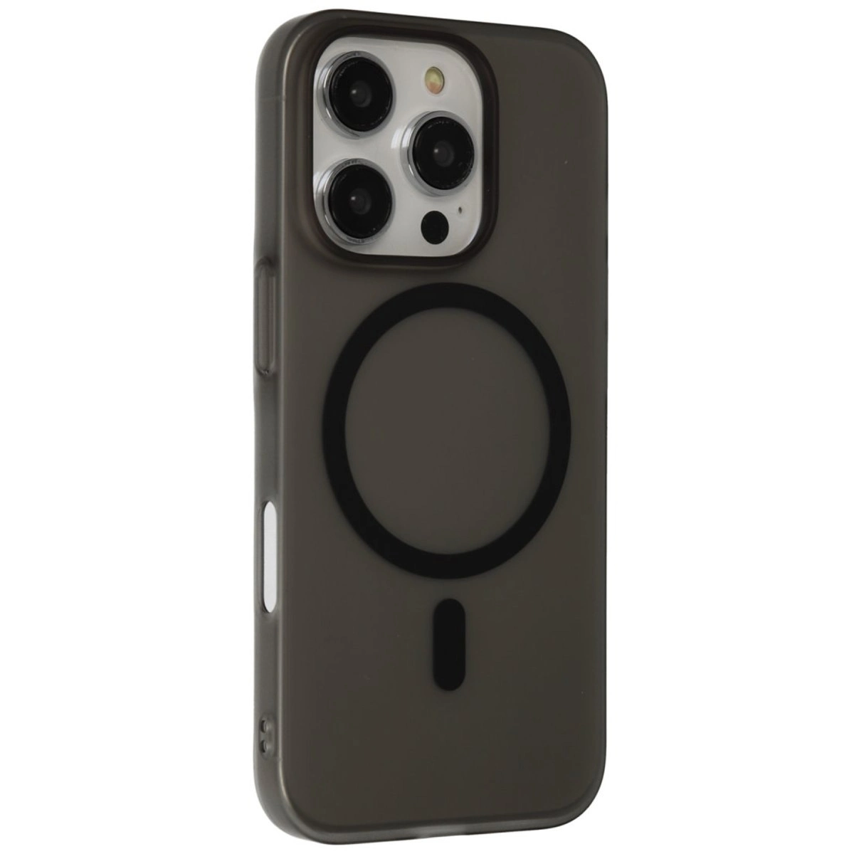 Üç kamera lensli ve manyetik halkalı koyu gri telefon kılıfı.
