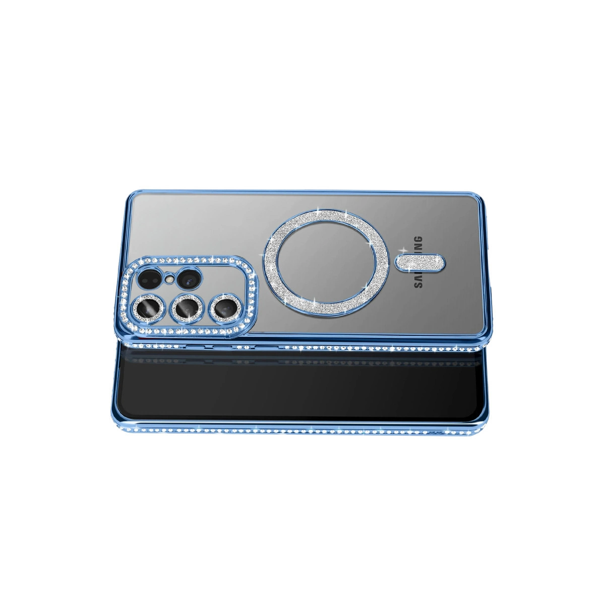 Kamera ve MagSafe halkası çevresinde elmaslarla süslenmiş mavi telefon kılıfı.