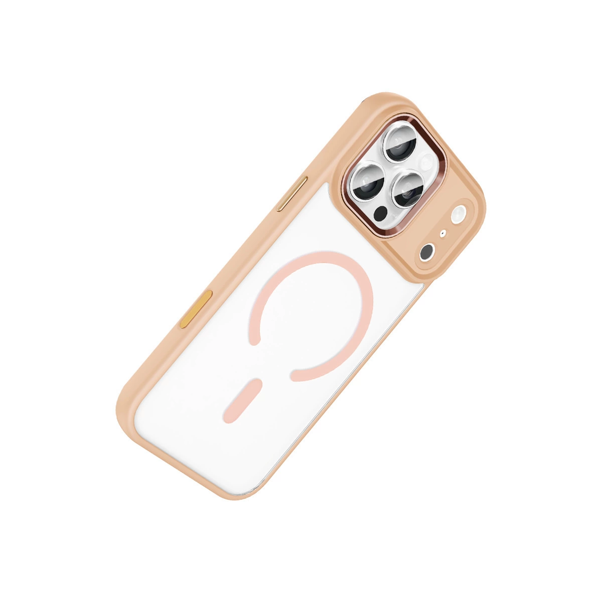 Pembe manyetik halkalı ve kamera lens çevreli şeffaf telefon kılıfı.