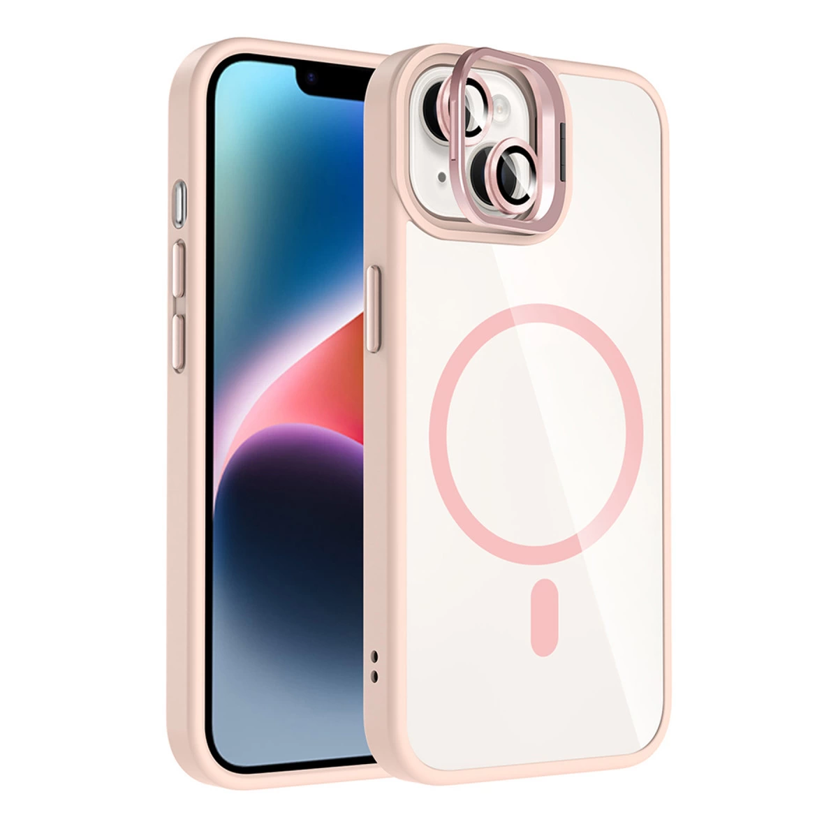 Pembe MagSafe dairesi bulunan şeffaf kılıflı pembe bir iPhone.