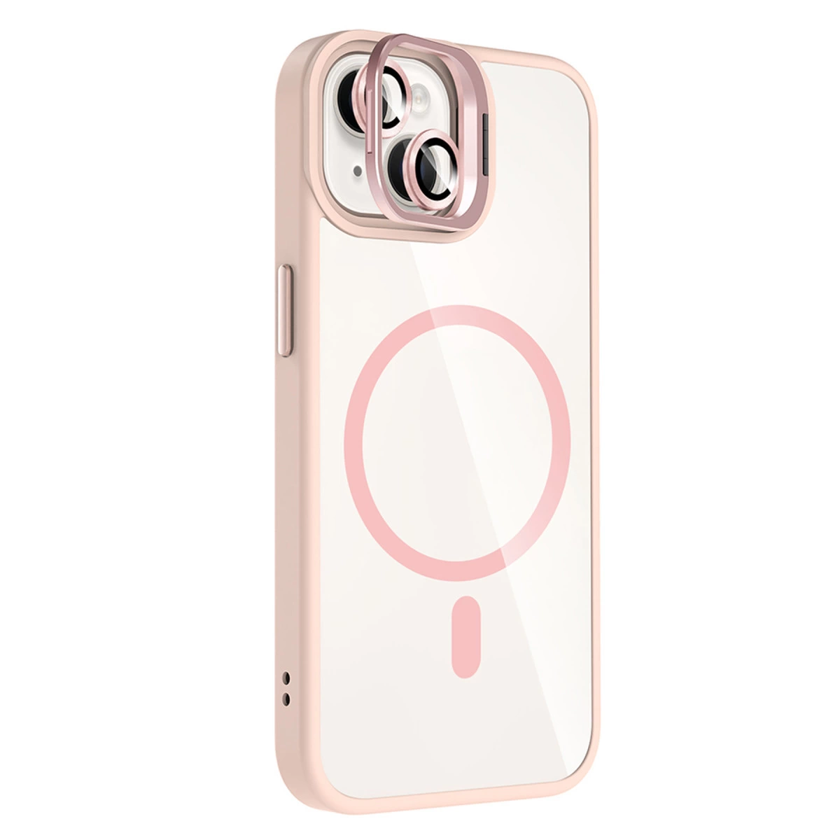 Pembe bir daire ve çizgi deseni gösteren şeffaf arkalı pembe telefon kılıfı.