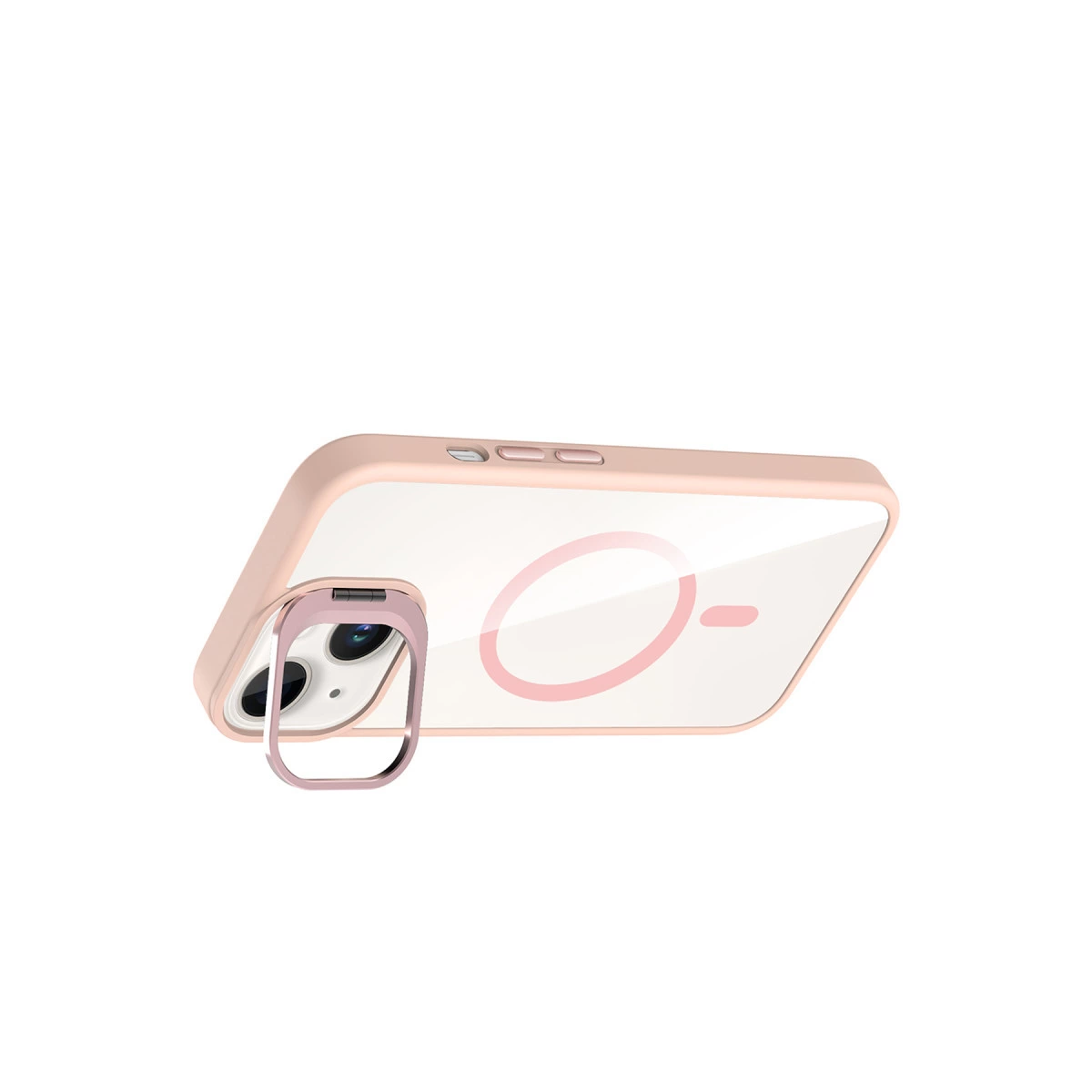 Halka tutuculu ve kamera görünümlü pembe iPhone kılıfı.